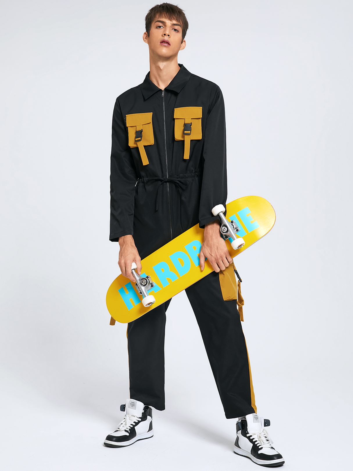 Men Casual Color Block Pocket Patchwork Buckle Straps Overalls Jumpsuit