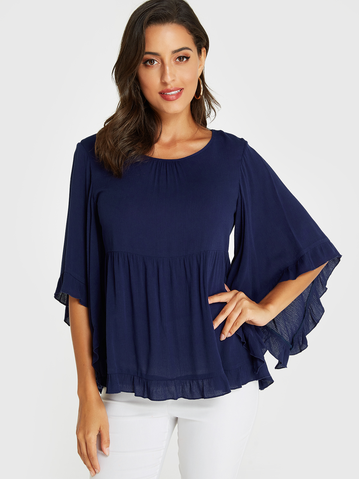 YOINS Navy Lettuce-edge Round Neck Bell Sleeves Blouse
