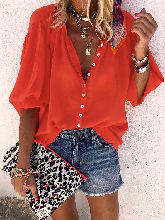 YOINS BASICS Red Button Design Round Neck Lantern Sleeves Blouse