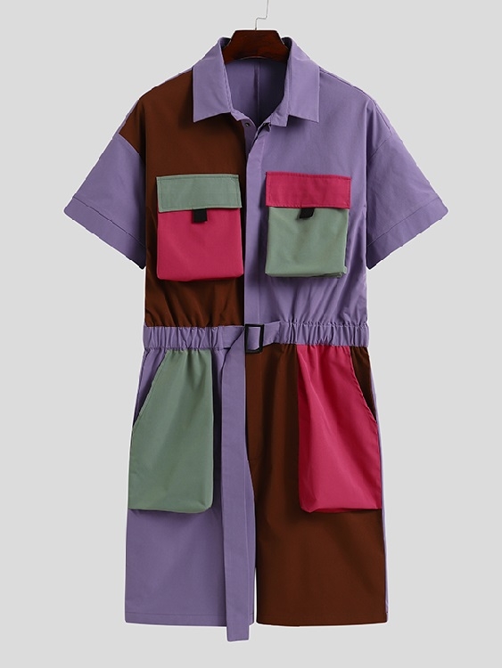 Men Hip Hop Style Color Block Splicing Short Sleeve Cargo Jumpsuit