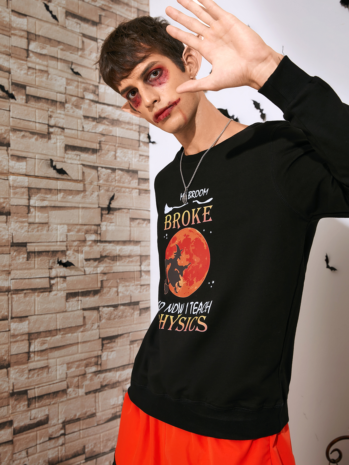Men Halloween Letter Cartoon Broom Witche Print Sweatshirt