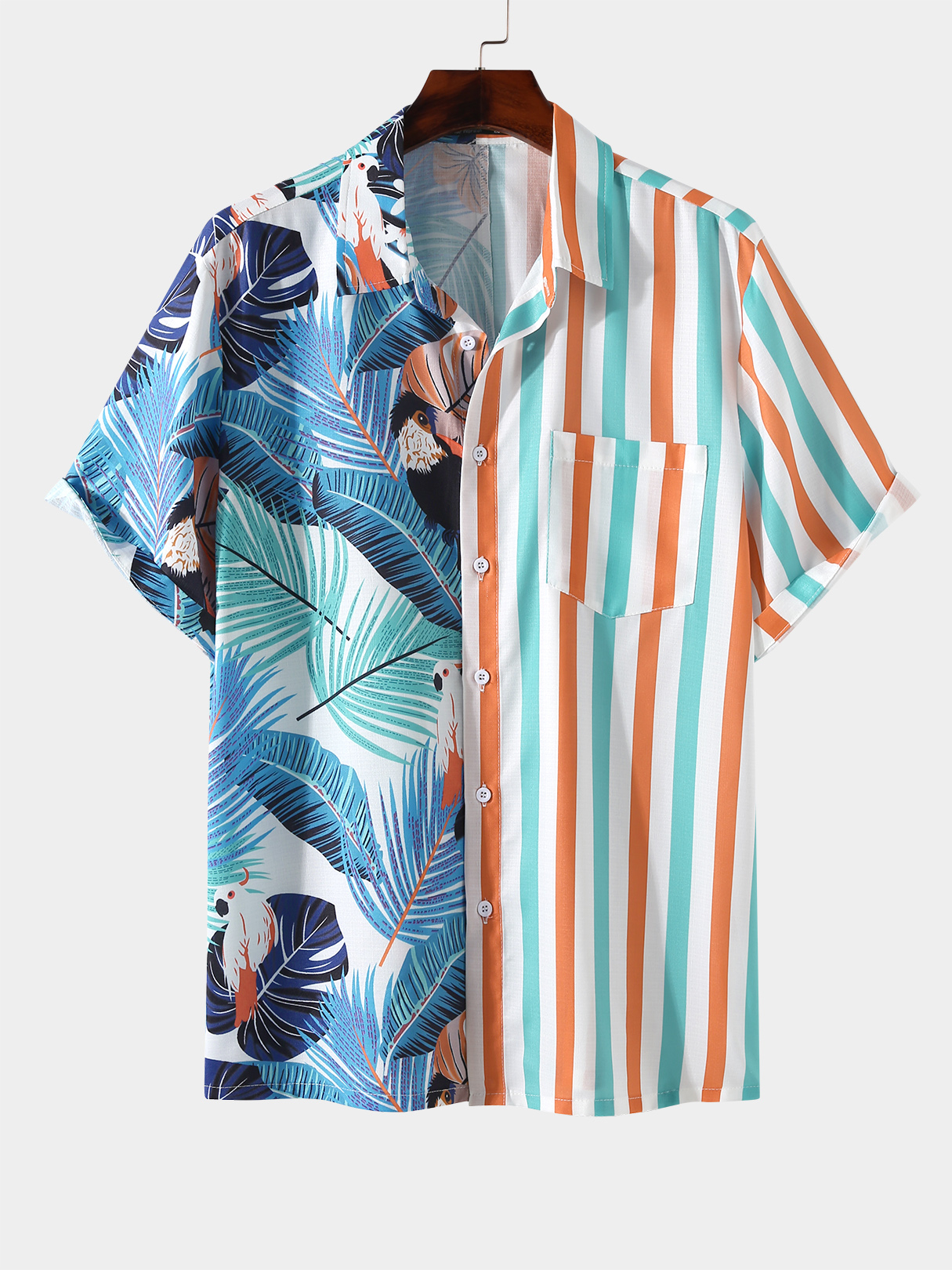 Men Tropical Stripe Patchwork Casual Pocket Shirt