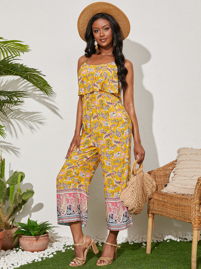 YOINS Spaghetti Paisley Backless Design Sleeveless Jumpsuits
