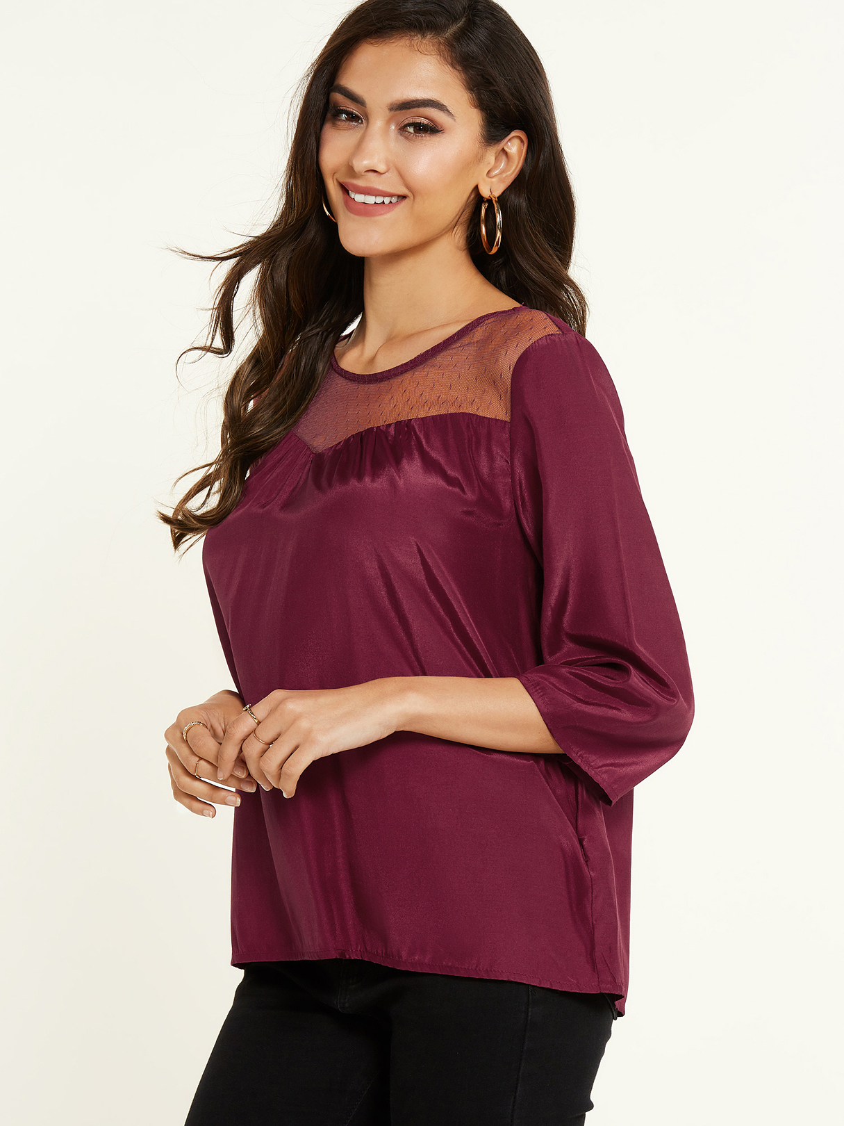 YOINS Burgundy Lace Patchwork Round Neck Blouse