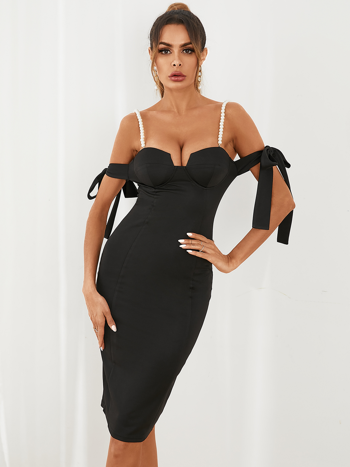 YOINS Pearl Strap Cold Shoulder Tie-up design Midi Dress
