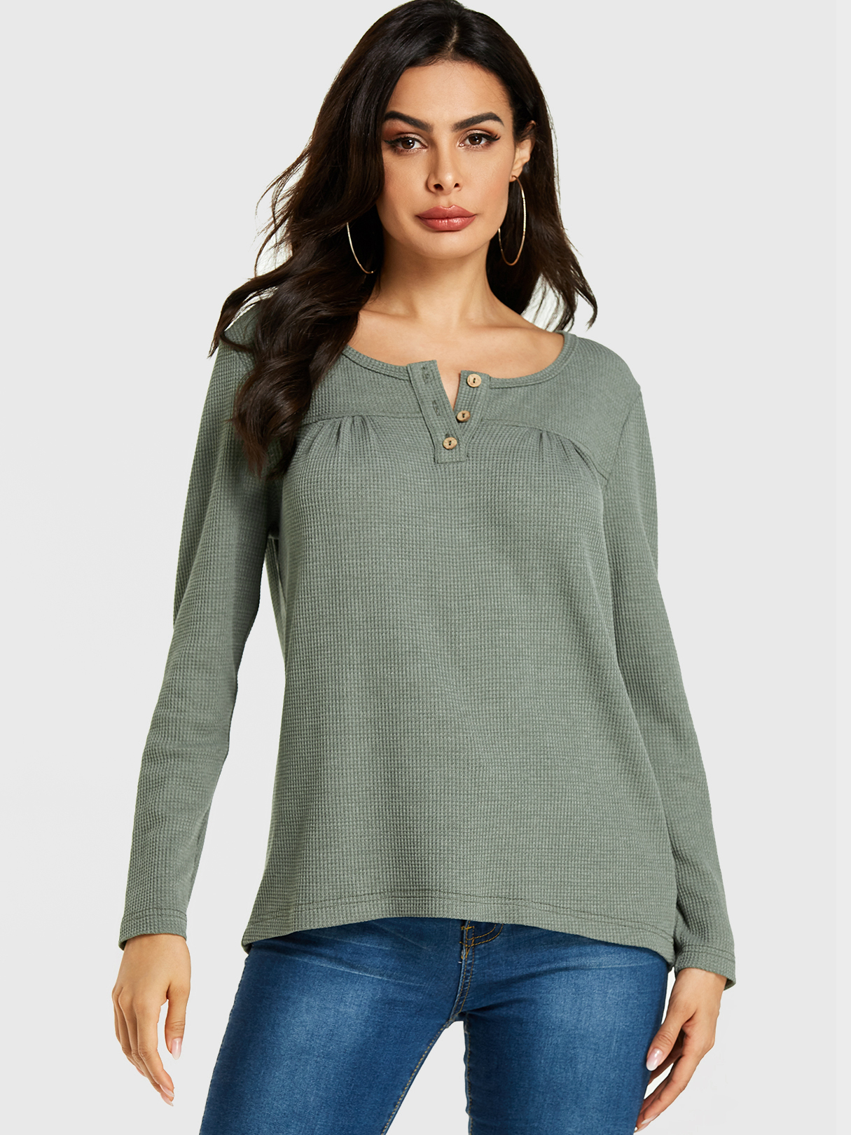 YOINS Army Green Button Design Round Neck Tee