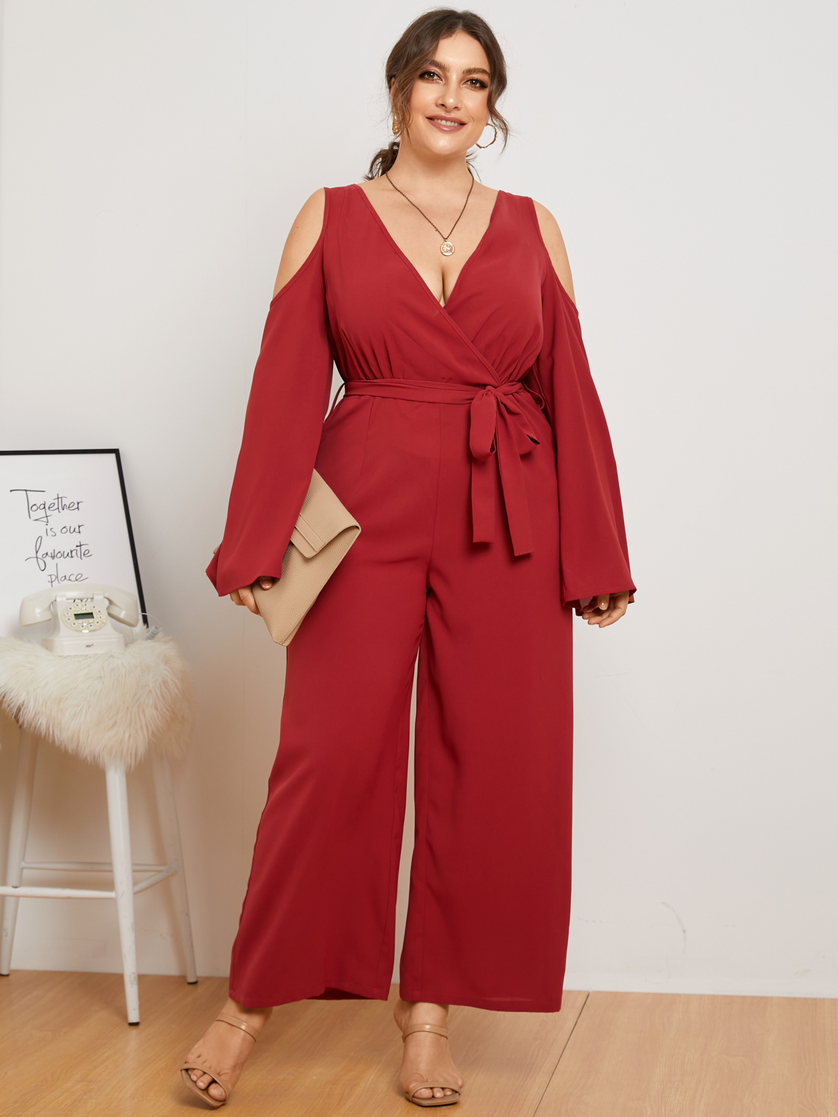 YOINS Plus Size Cold Shoulder Belt Design Long Sleeves Jumpsuit