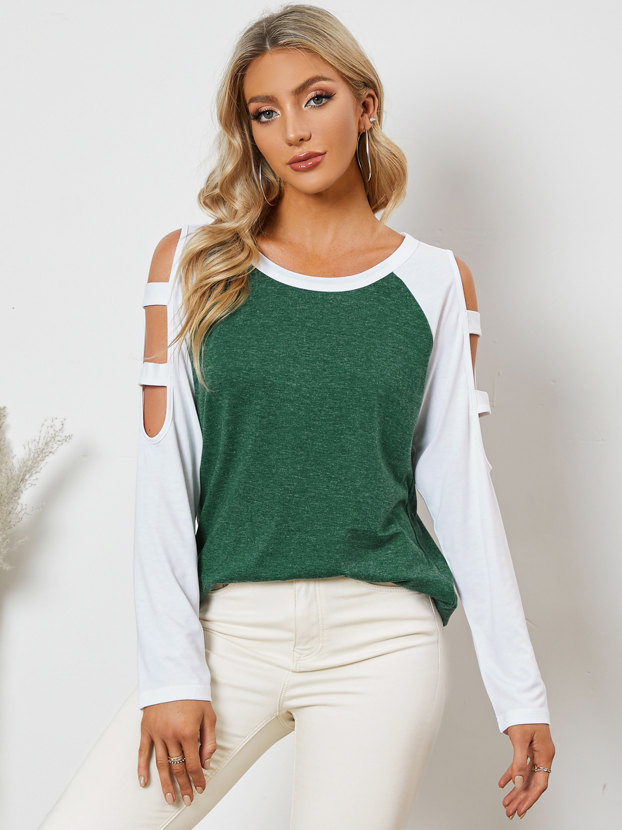 YOINS Color Patchwork Cut Out Cold Shoulder Tee