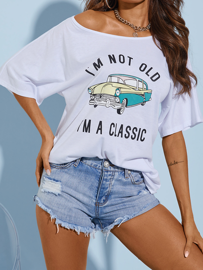 YOINS Letter Cartoon Car Crew Neck Short Sleeves Tee