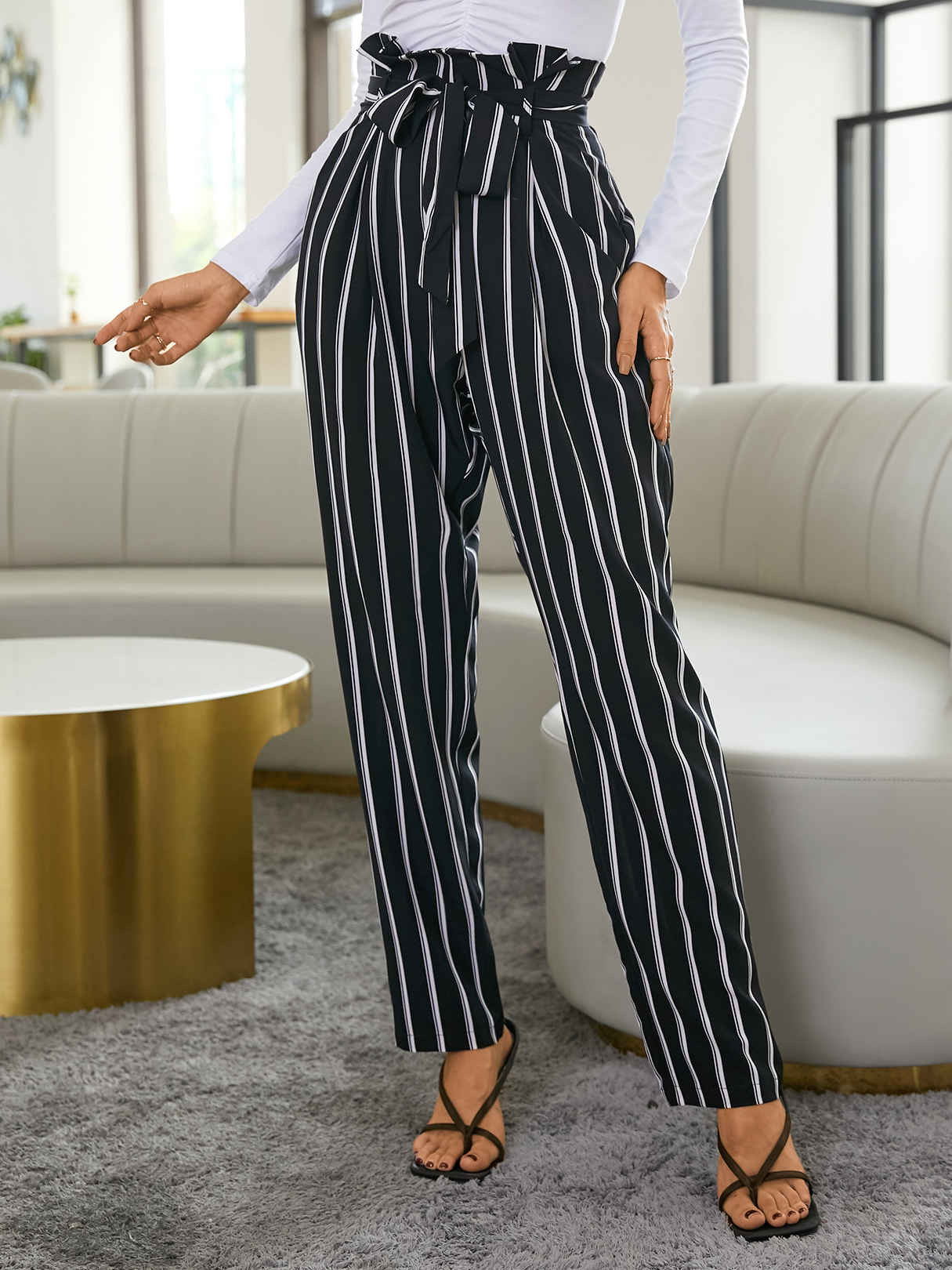 YOINS Black Striped Belt design Pants