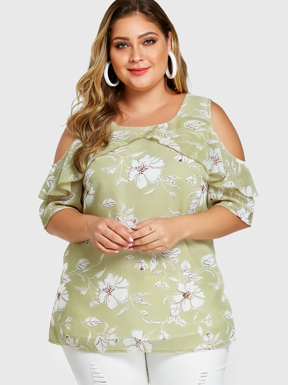 YOINS Plus Size Random Floral Print Ruffle Trim Blouse