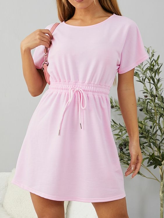 YOINS Round neck Drawstring Short sleeves Mini Dress