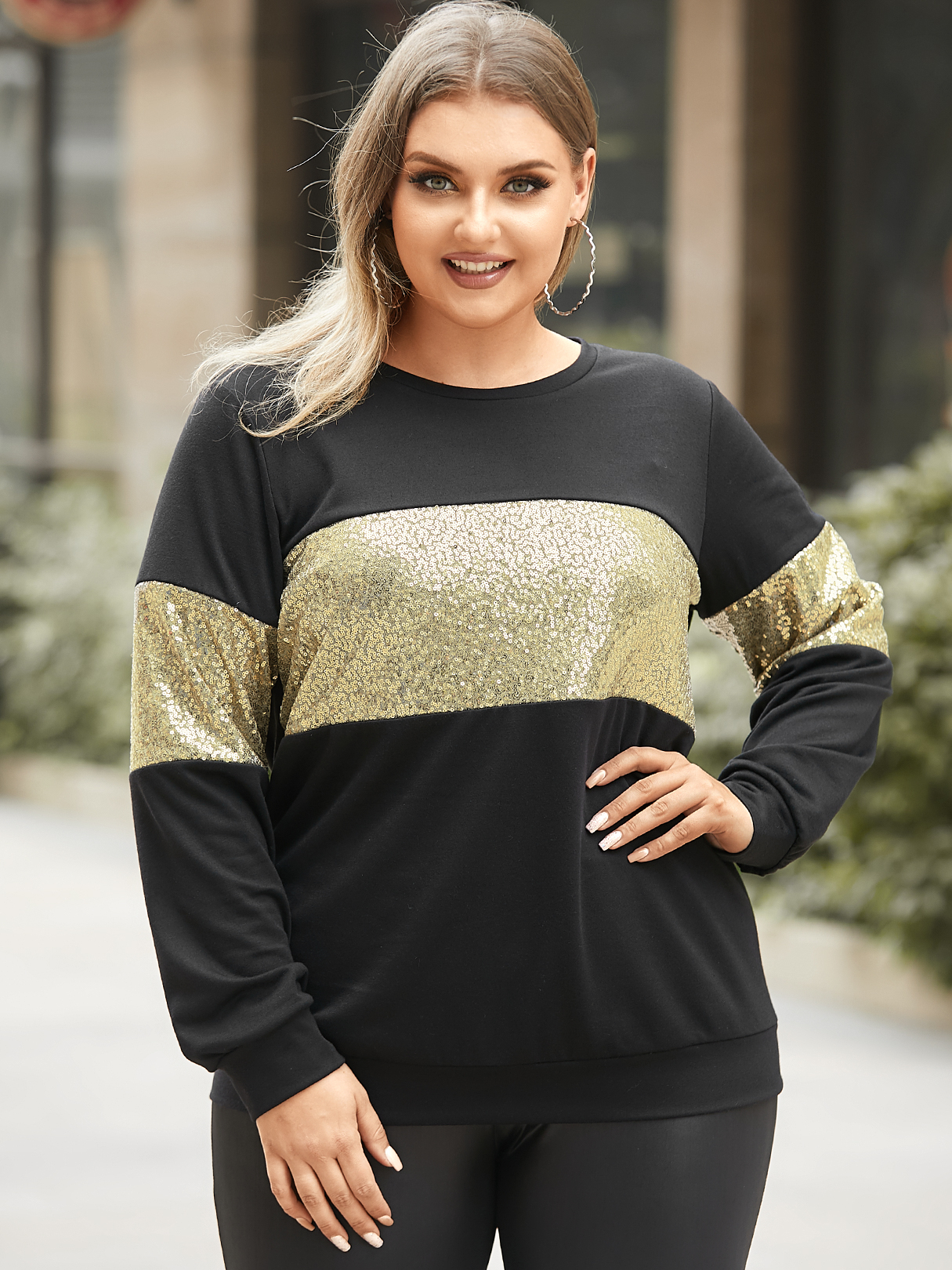 YOINS Plus Size Crew Neck Patchwork Knit Long Sleeves Sweatshirt