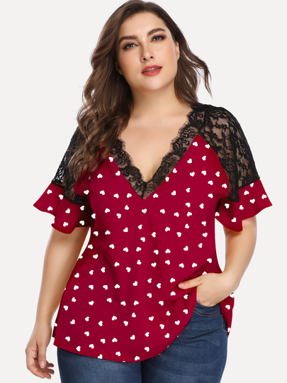 Plus Size V-neck Heart Lace Patchwork Design Short Sleeves Blouse