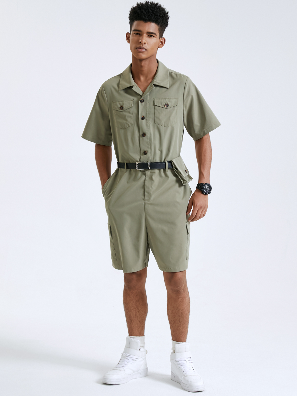 Men Plain Belt Design Short Sleeve Cargo Overalls Jumpsuit