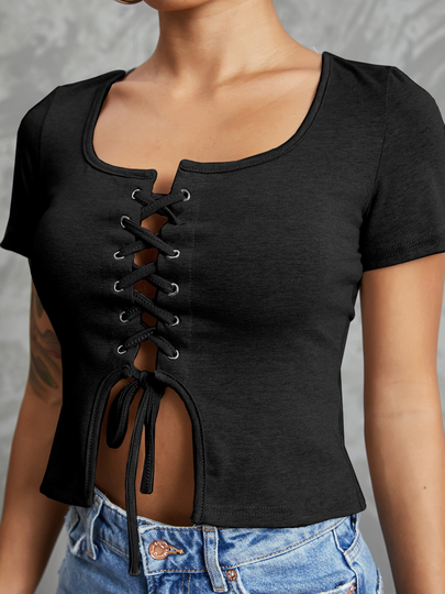 YOINS Criss-cross Lace-up Design Scoop Neck Short Sleeves Tee