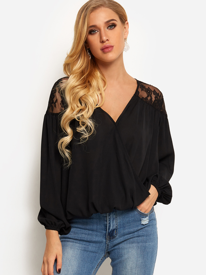 Black Crossed Front Design V-neck Long Sleeves Lace Insert Shirt