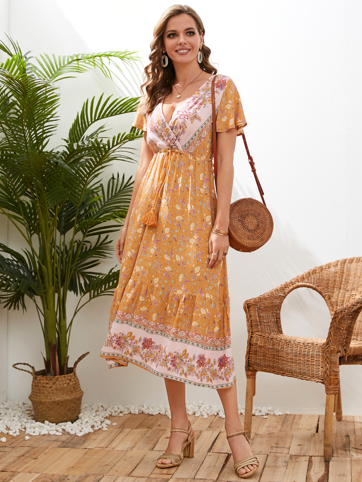 YOINS Orange V-neck Tribal Wrap Design Short Sleeves Midi Dress