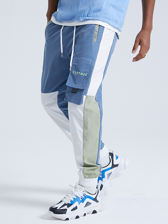 Men Fashion Color Block Splicing Drawstring Casual Pants