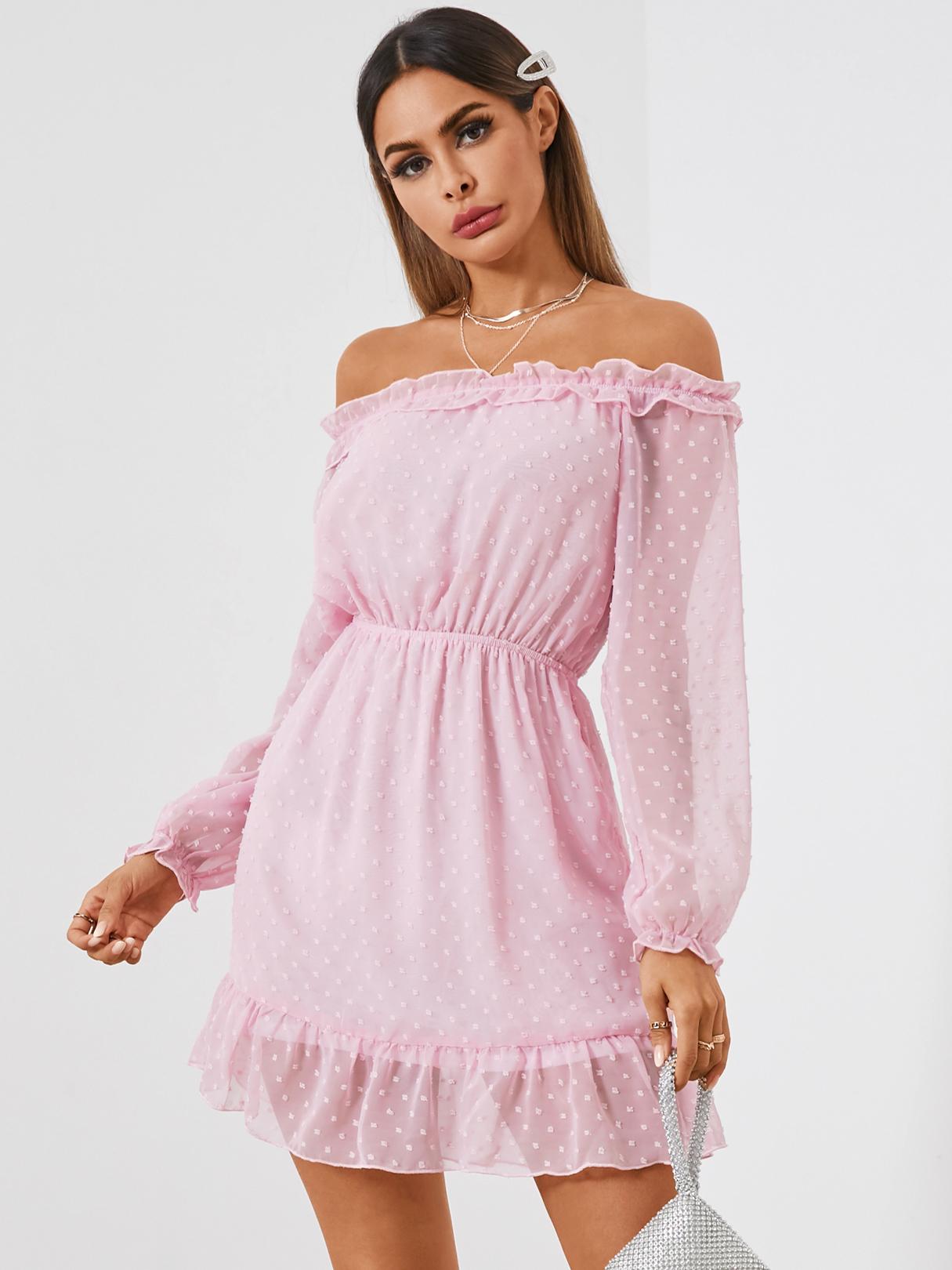 YOINS Pink Flocking Off the shoulder Mini Dress