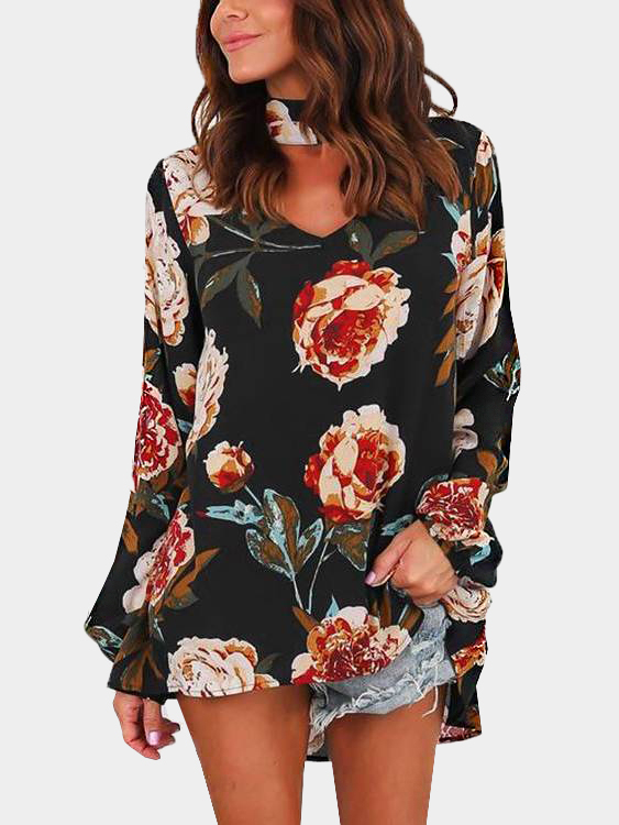 Black Sexy Flower Print Chocker Neck Long Sleeves Blouse