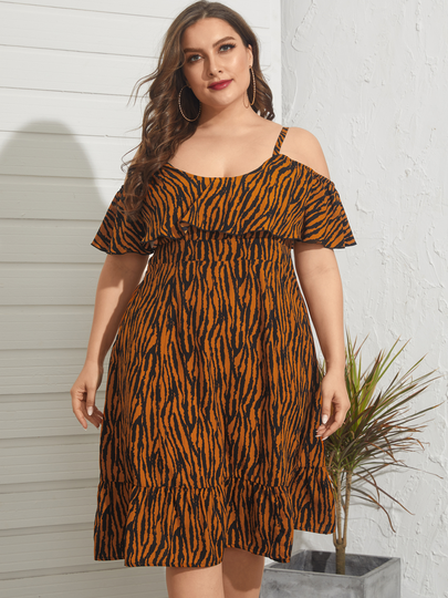 YOINS Plus Size Cold Shoulder Animal Short Sleeves Midi Dress