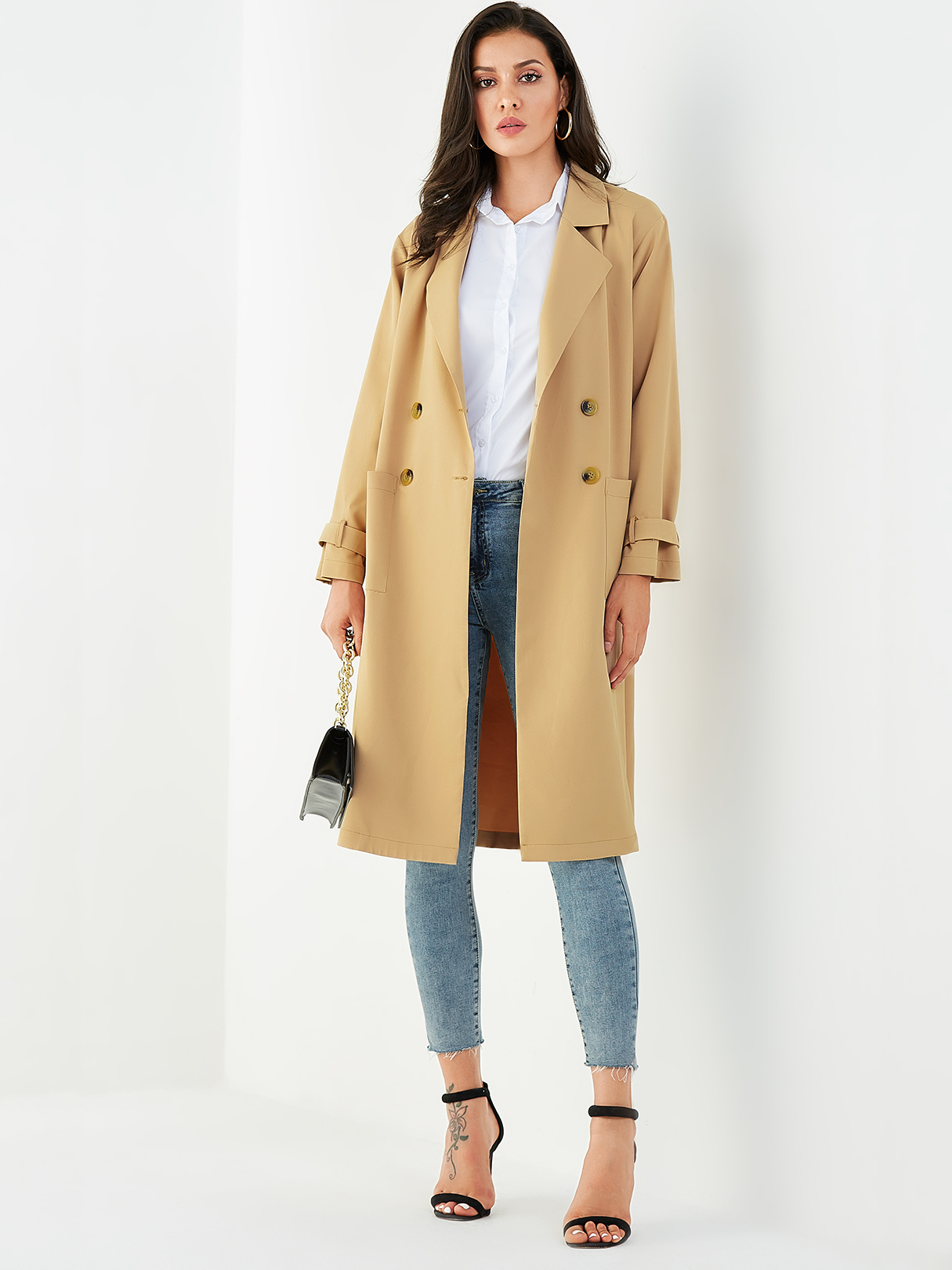 YOINS Khaki Pocket Design Notch Collar Long Sleeves Coat
