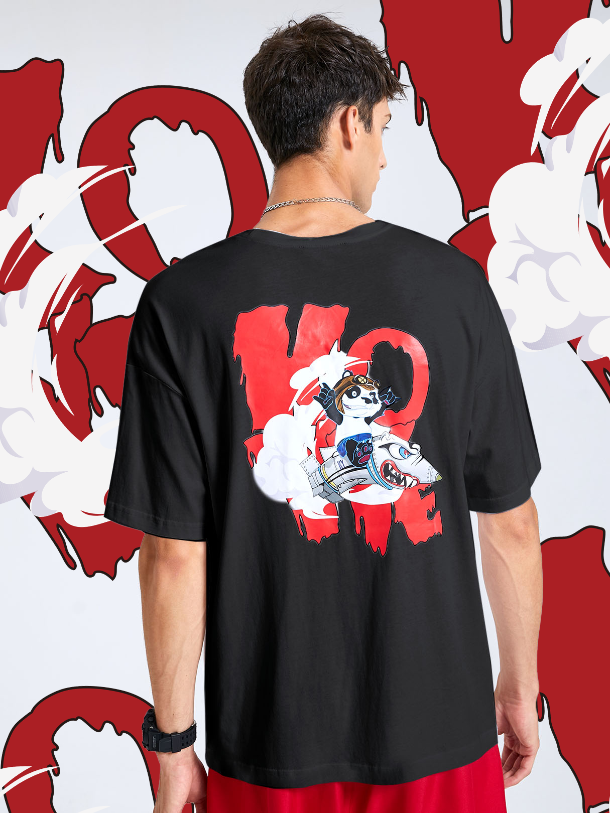 Men 100% Cotton Comfortable Back Cartoon Panda Graphic T-Shirt