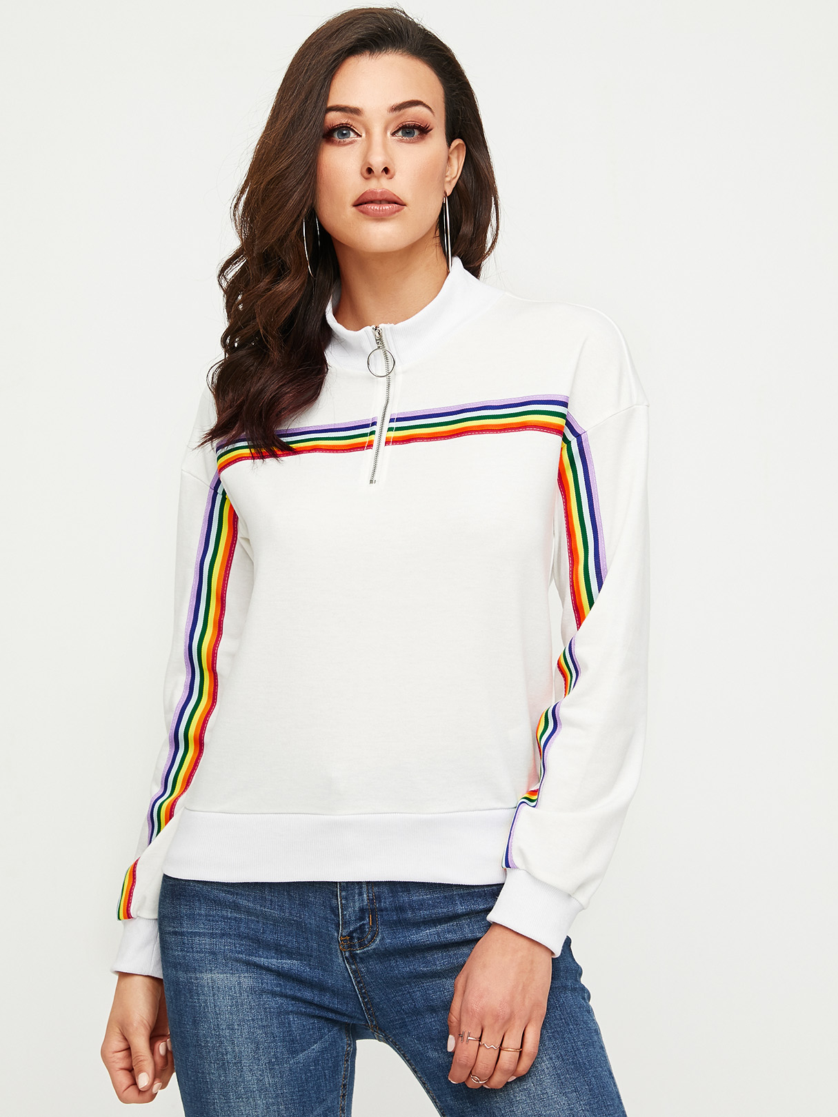 YOINS White Zip Design High Neck Long Sleeves Sweatshirt