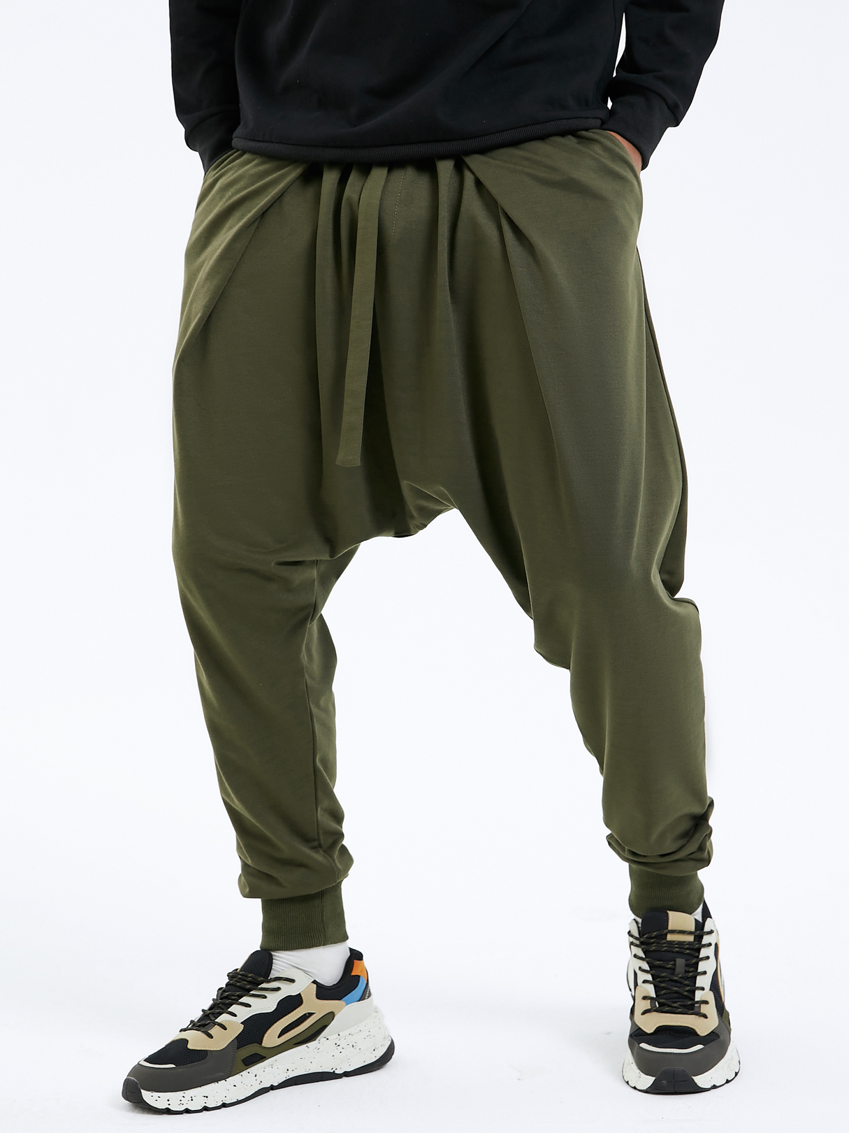 Men Casual Loose Army Green Elastic Waist Harem Pants