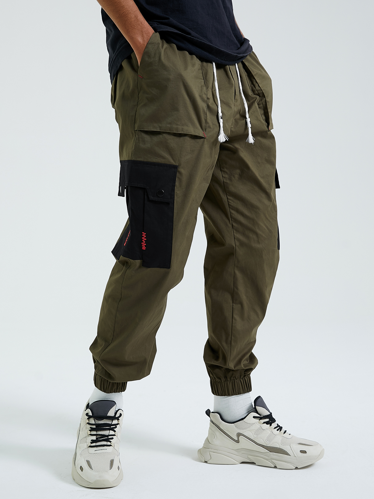 KOYYE Men Casual Cotton Plain Multi Pocekts Elastic Waist Cargo Pants