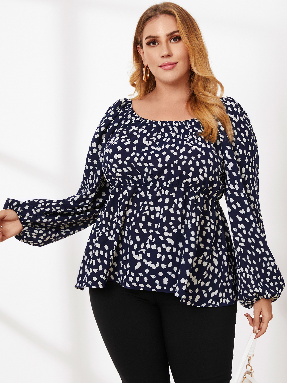 Plus Size Round Neck Polka Dot Elastic Strap Long Sleeves Blouse