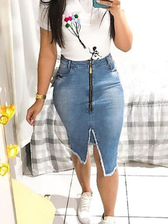 Zip Front Denim High-Waisted Skirt