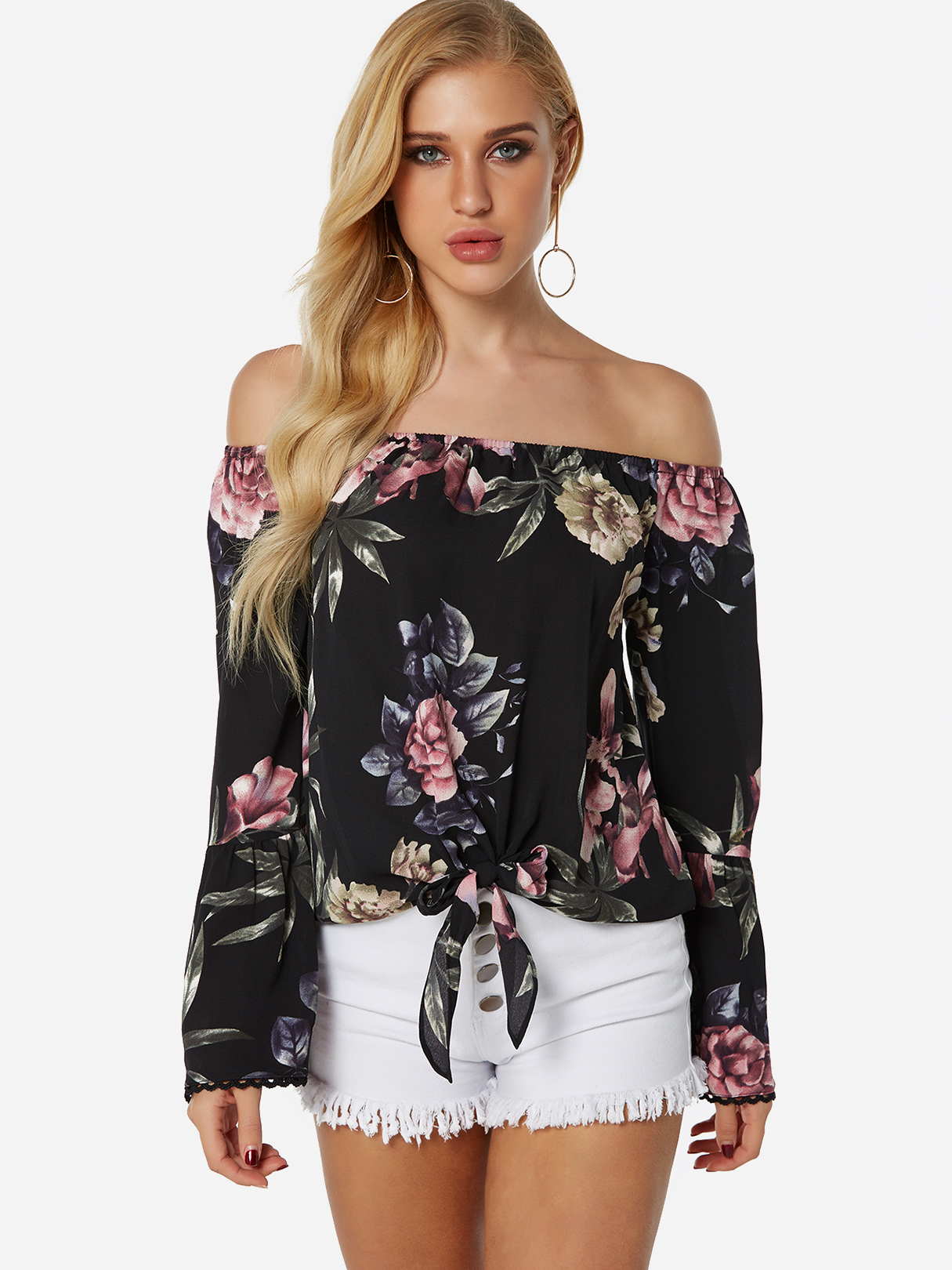 Black Lace-up Design Floral Print Off The Shoulder Bell Sleeves Blouse