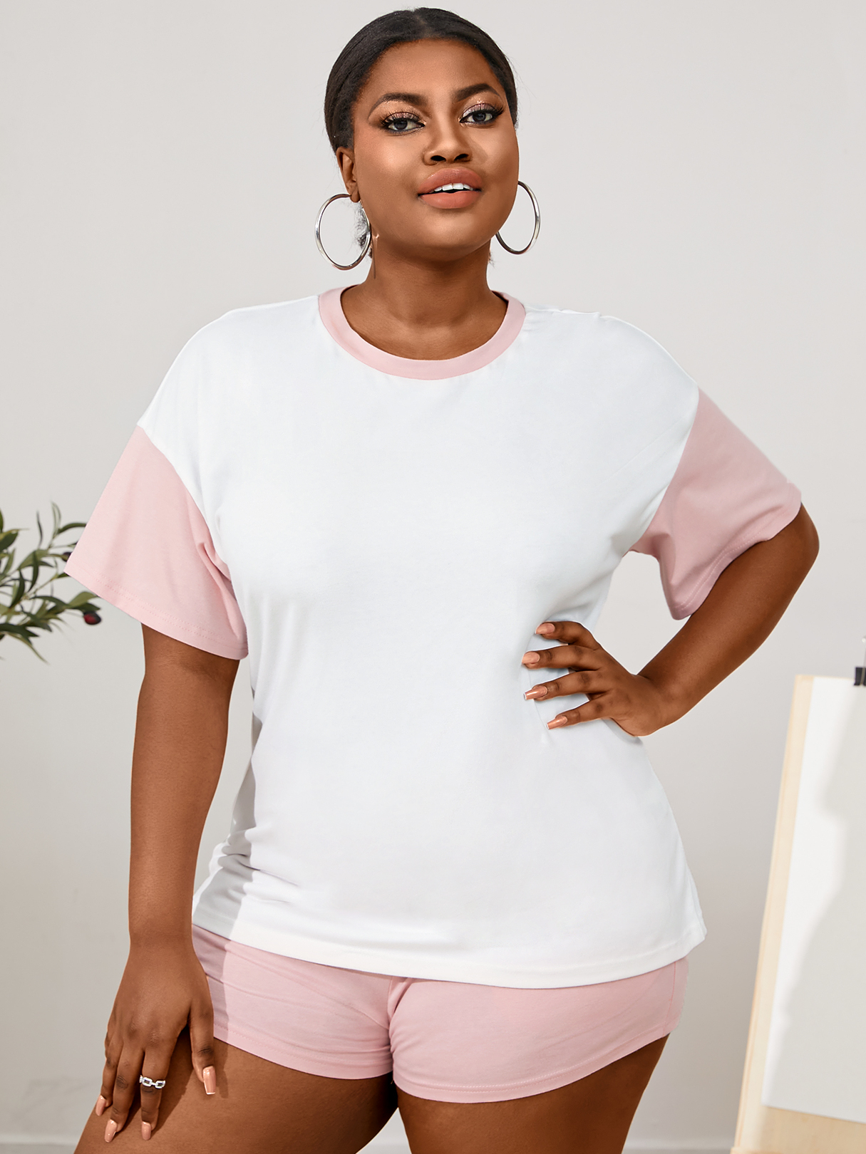 YOINS Plus Size Crew Neck Patchwork Short Sleeves Two Piece Outfit