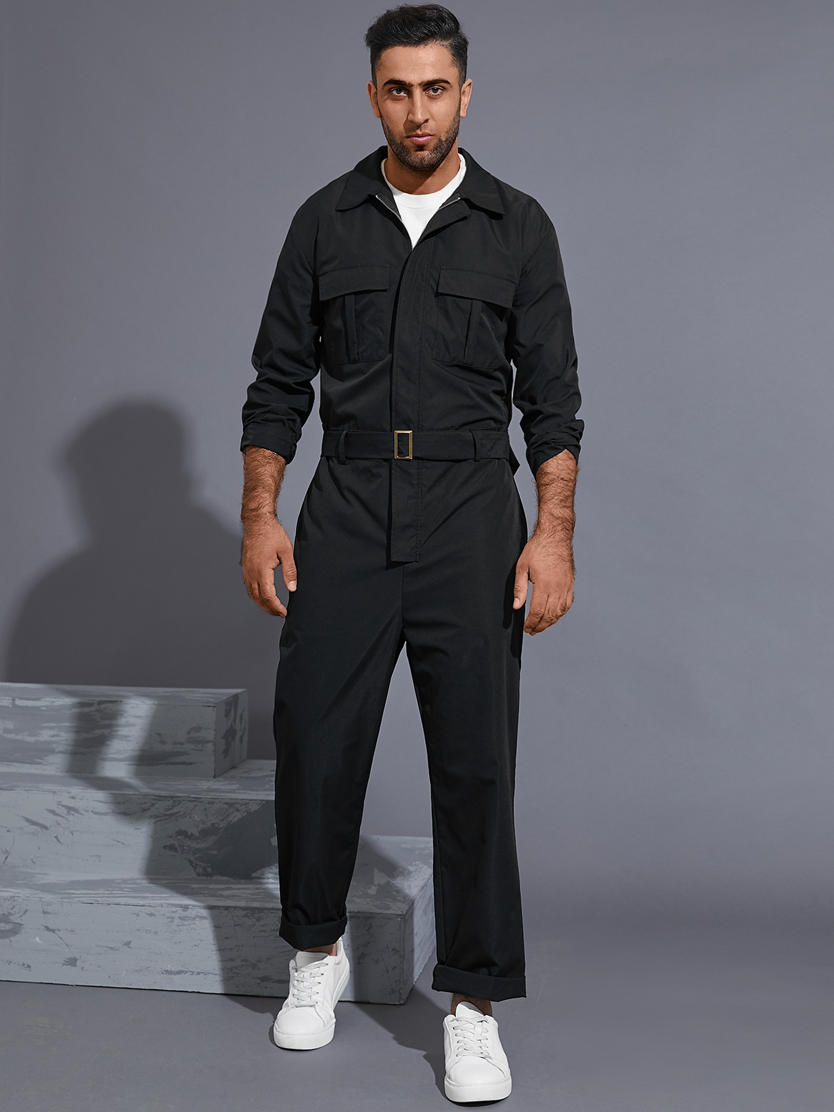 Men Casual Fashion Long Sleeved Belted Zip Up Jumpsuit