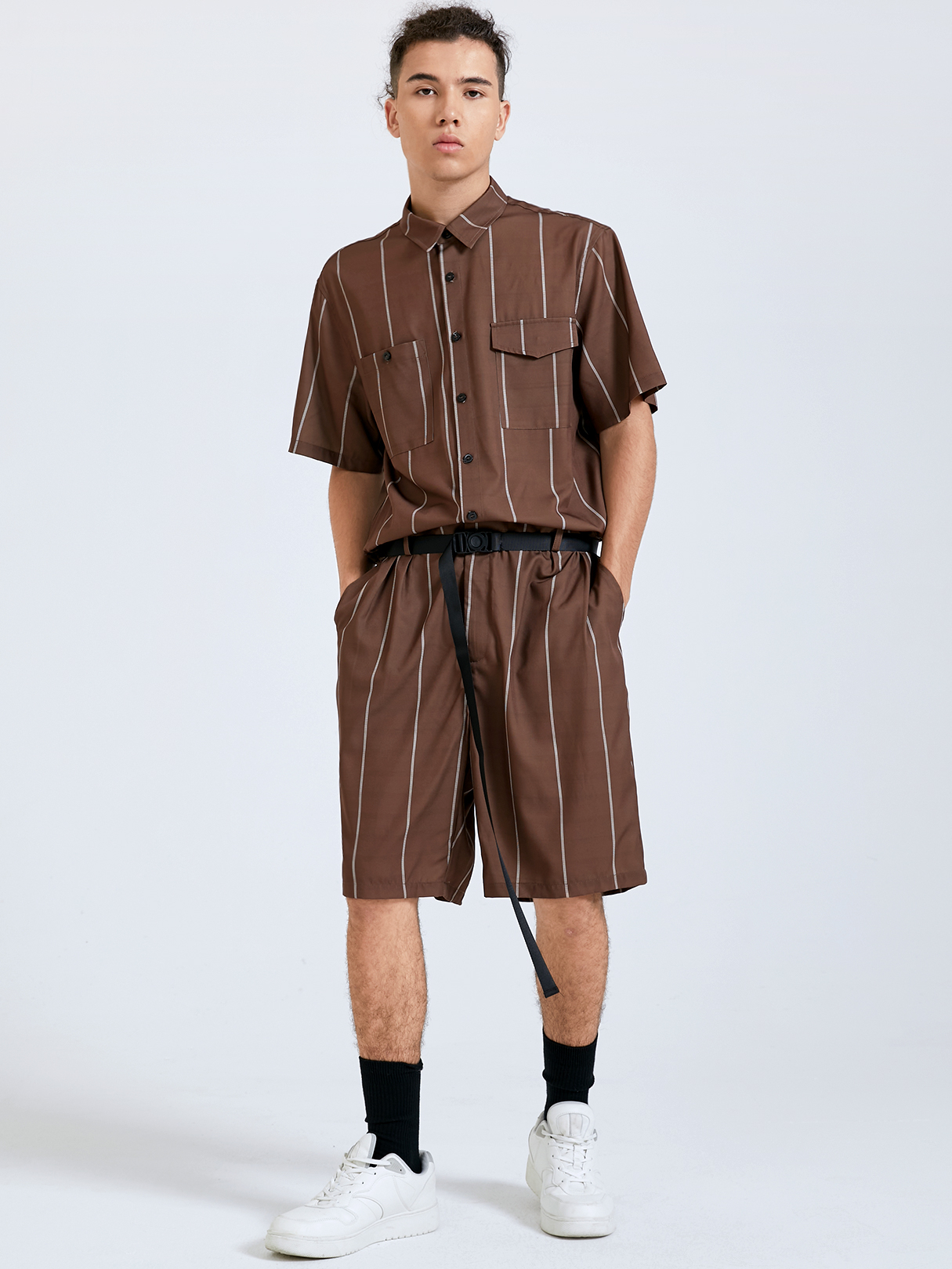 Men Retro Striped Print Short Sleeves Overalls Jumpsuits