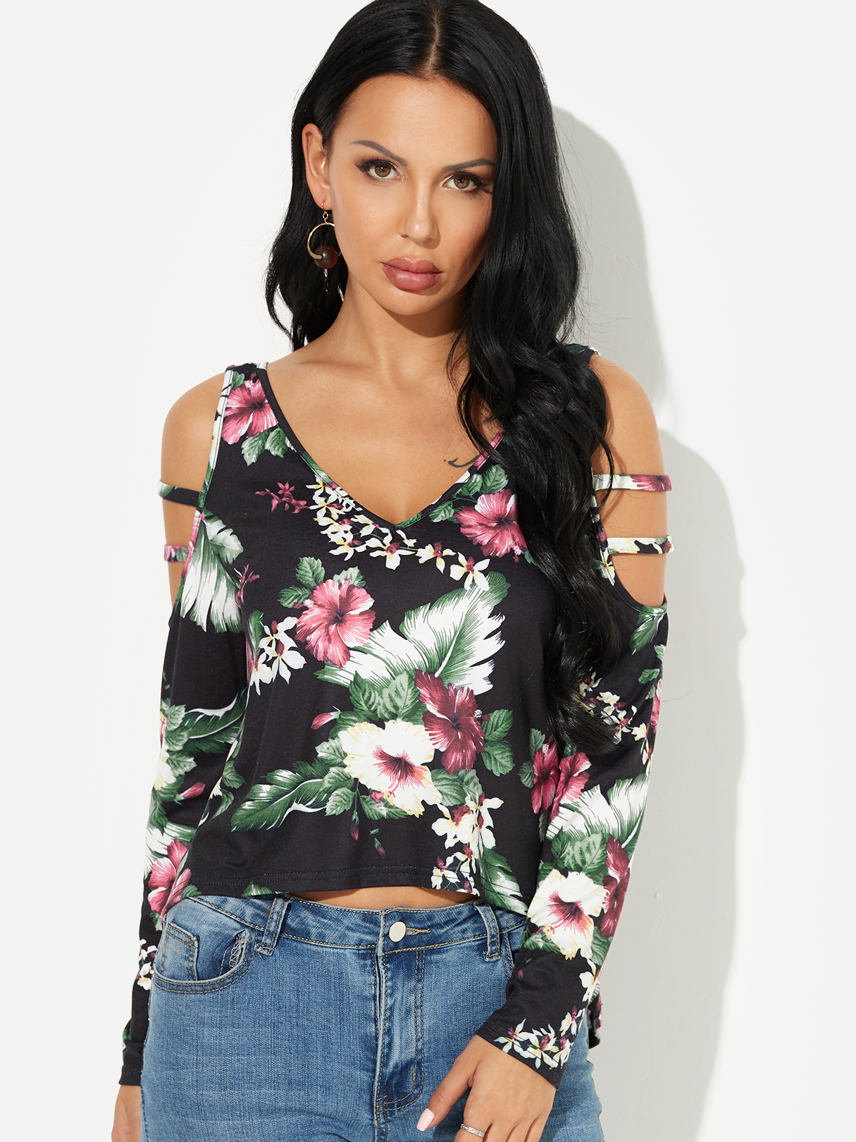 Random Floral Print V Neck Cold Shoulder Long Sleeves Top