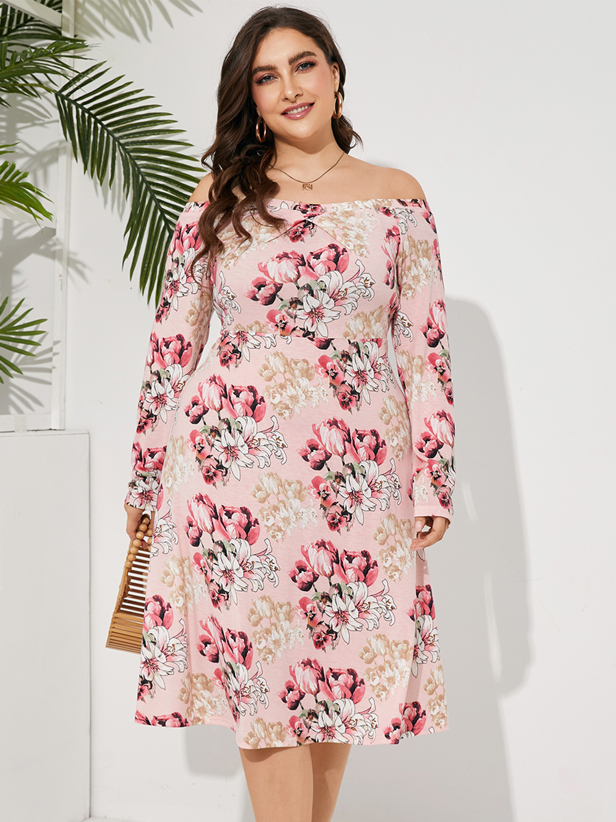 YOINS Plus Size Off The Shoulder Floral Print Backless Design Long Sleeves Dress