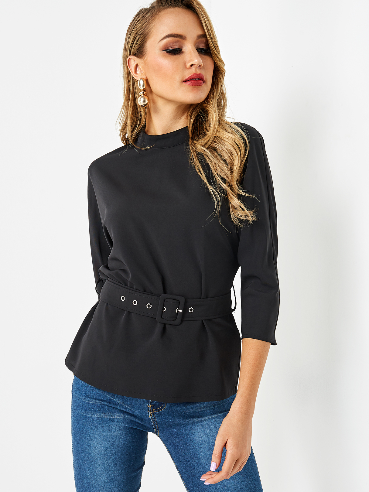 Black Stand Collar 3/4 Sleeve Top with Buckle Belt Waist