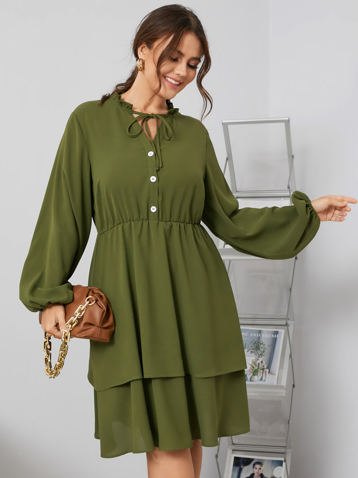 YOINS Plus Size Frill Neck Front Button Tiered Design Tie-up Design Long Sleeves Dress