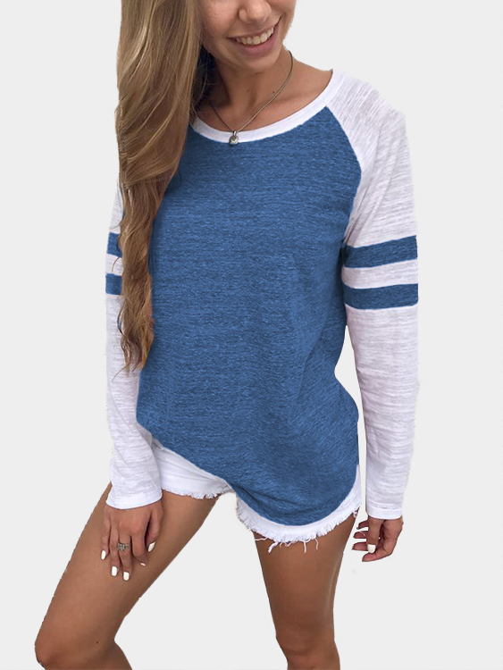 Blue Spell Color Round Neck Long Sleeves T-shirt