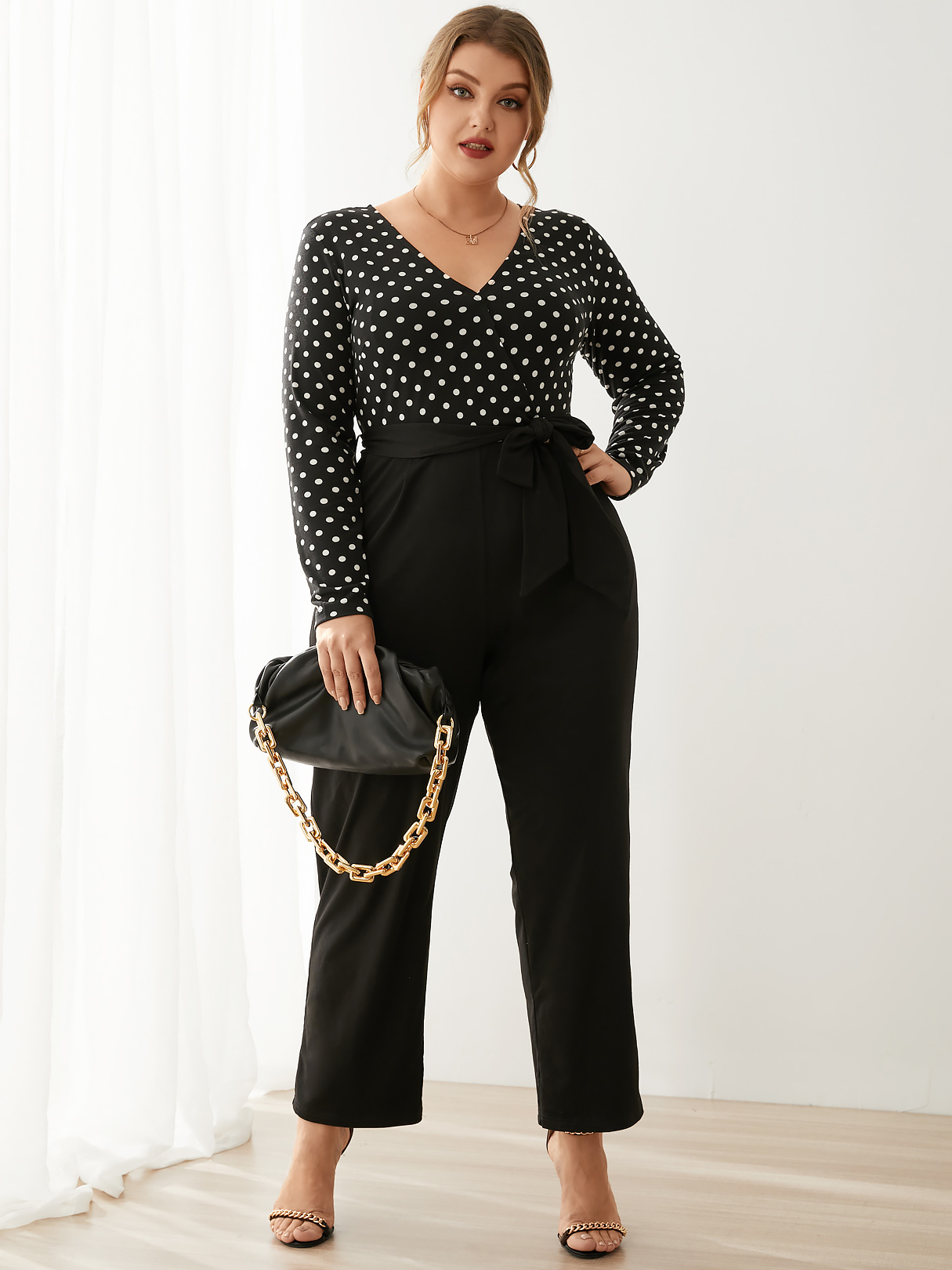 YOINS Plus Size V-neck Polka Dot Backless Design Belt Design Long Sleeves Jumpsuit