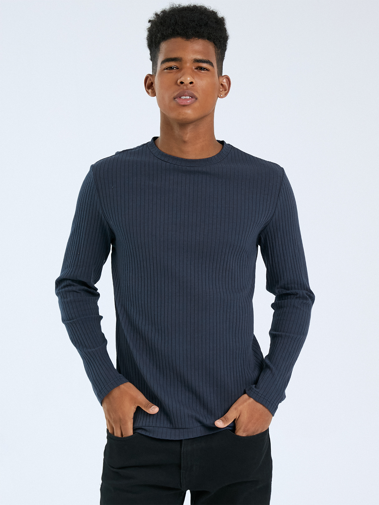 YOINS BASICS Men Autumn Plain Crew Neck Ribbed Knit Long Sleeves T-Shirt
