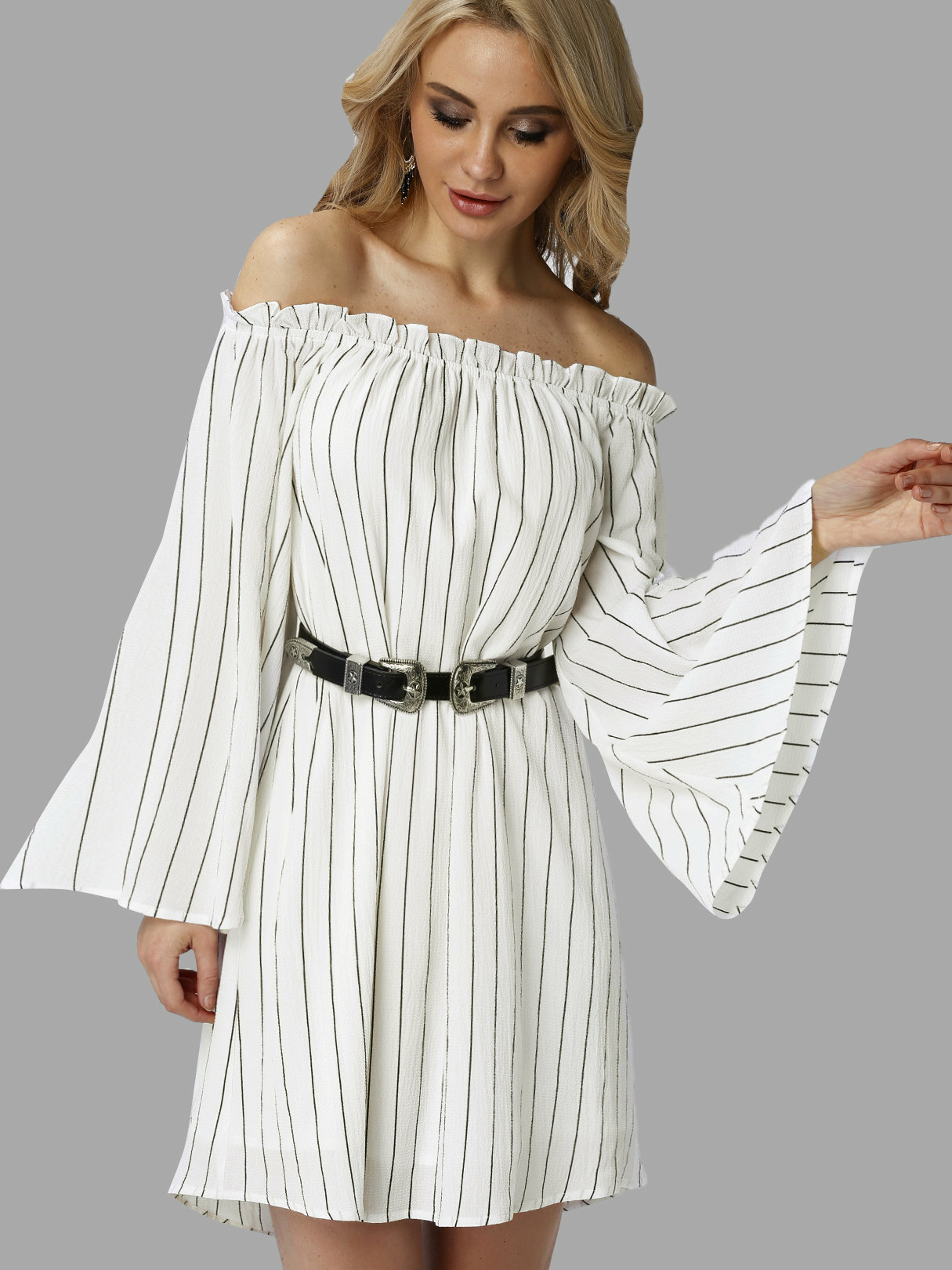 Off shoulder Stripe Bell Sleeves Mini Dress