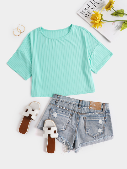 YOINS Ribbed Knit Crew Neck Short Sleeves Crop Top
