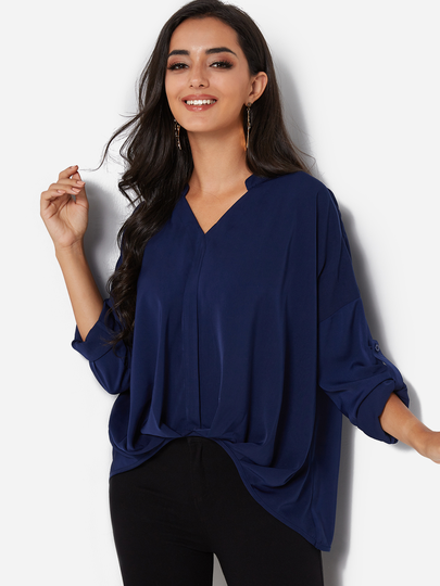 Navy Pleated Design V-neck Adjustable Sleeves Length Shirt