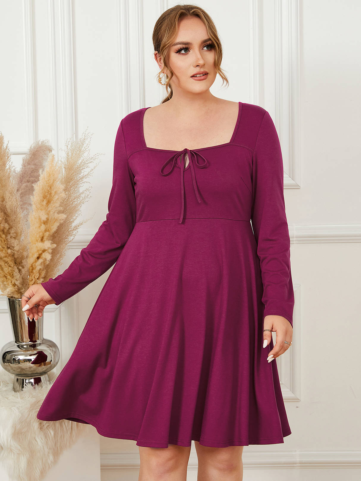YOINS Plus Size Square Neck Tie-up Design Long Sleeves Dress