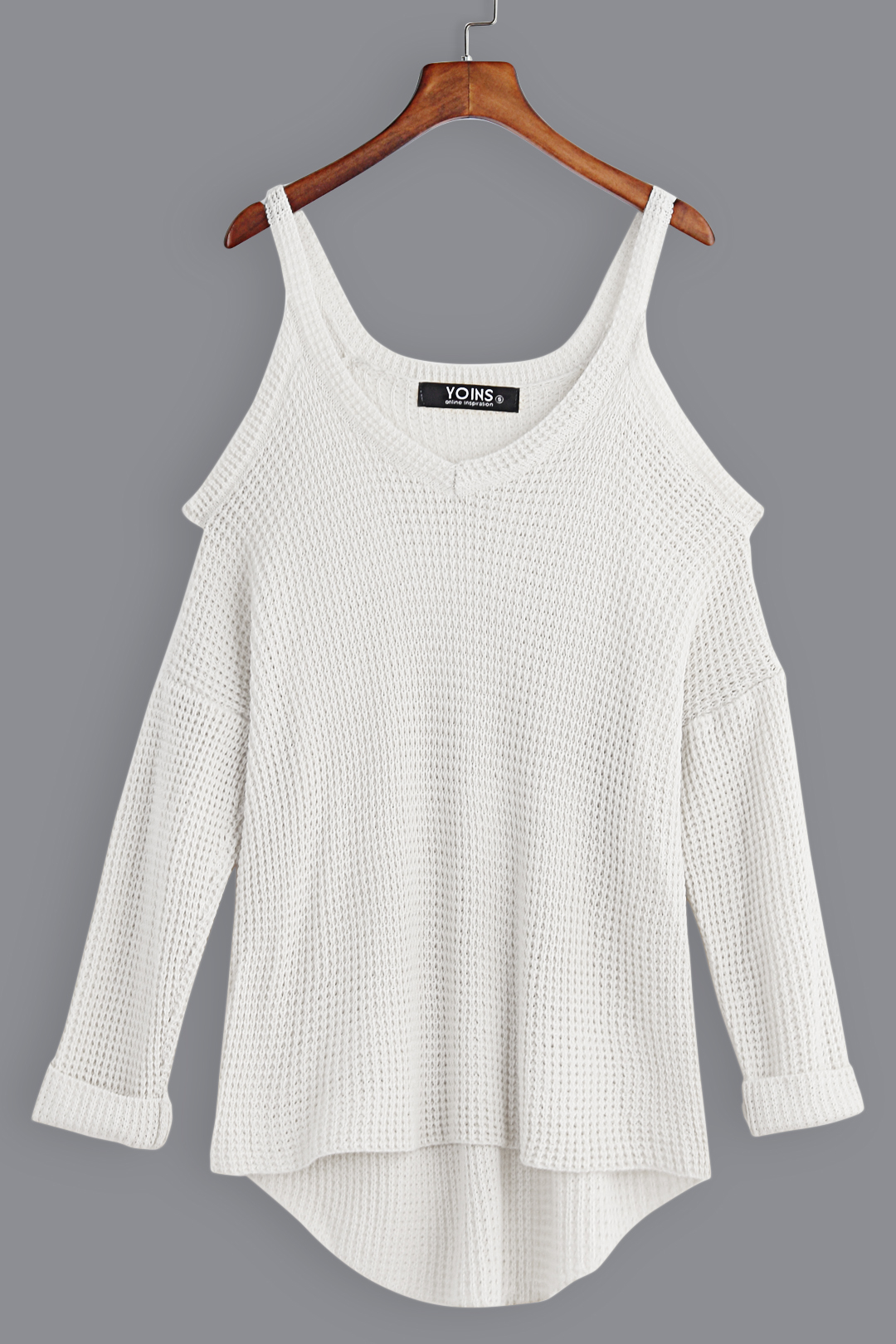 White Casual Plain Cold Shoulder V Neck Long Sleeves Curve Hem Sweaters