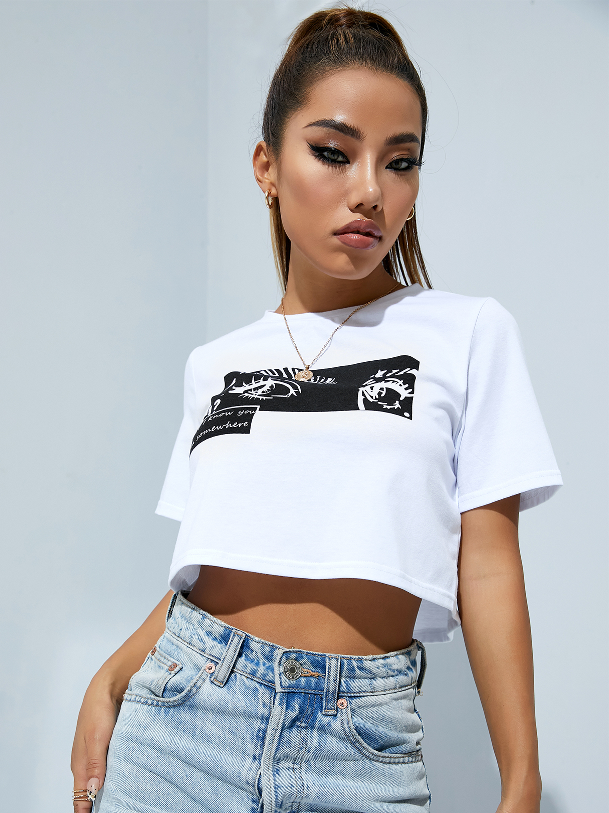 YOINS Crew Neck Eye Print Short Sleeves Tee